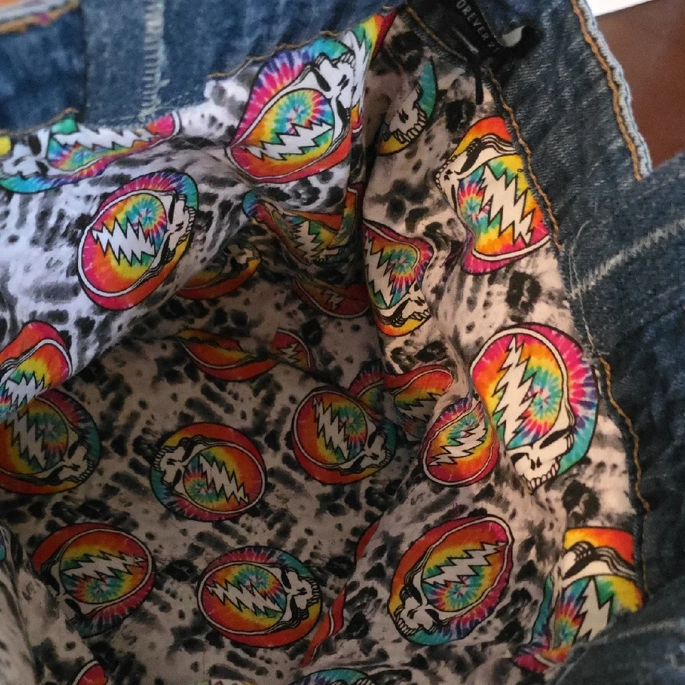 Upcycled Hand Craftef Greatful Dead Denim Blue Jeans Storage Basket Tote